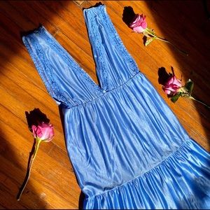 1970s vintage periwinkle blue satin slip dress